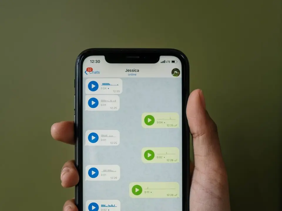 Mano sostiene un teléfono con una conversación de WhatsApp abierta